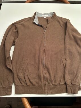 Vintage Peter Millar Men's Brown Full‑Zip Sweater Jacket with Contrast Collar